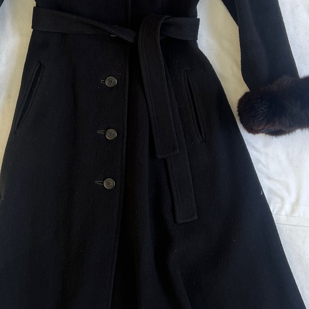 Pierre Cardin Vintage 70s Fox Fur Wool Melton Fit Flare Belted Luxe Winter Coat - Picture 11 of 15
